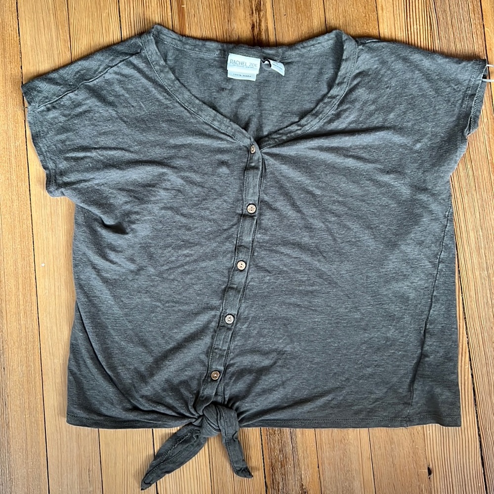 Rachel Zoe Olive Green Linen Tie-front Shirt, Size M.